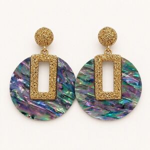 Iridescent Abalone Shell Statement Earrings Gold Geometric Dangle Boho Glam